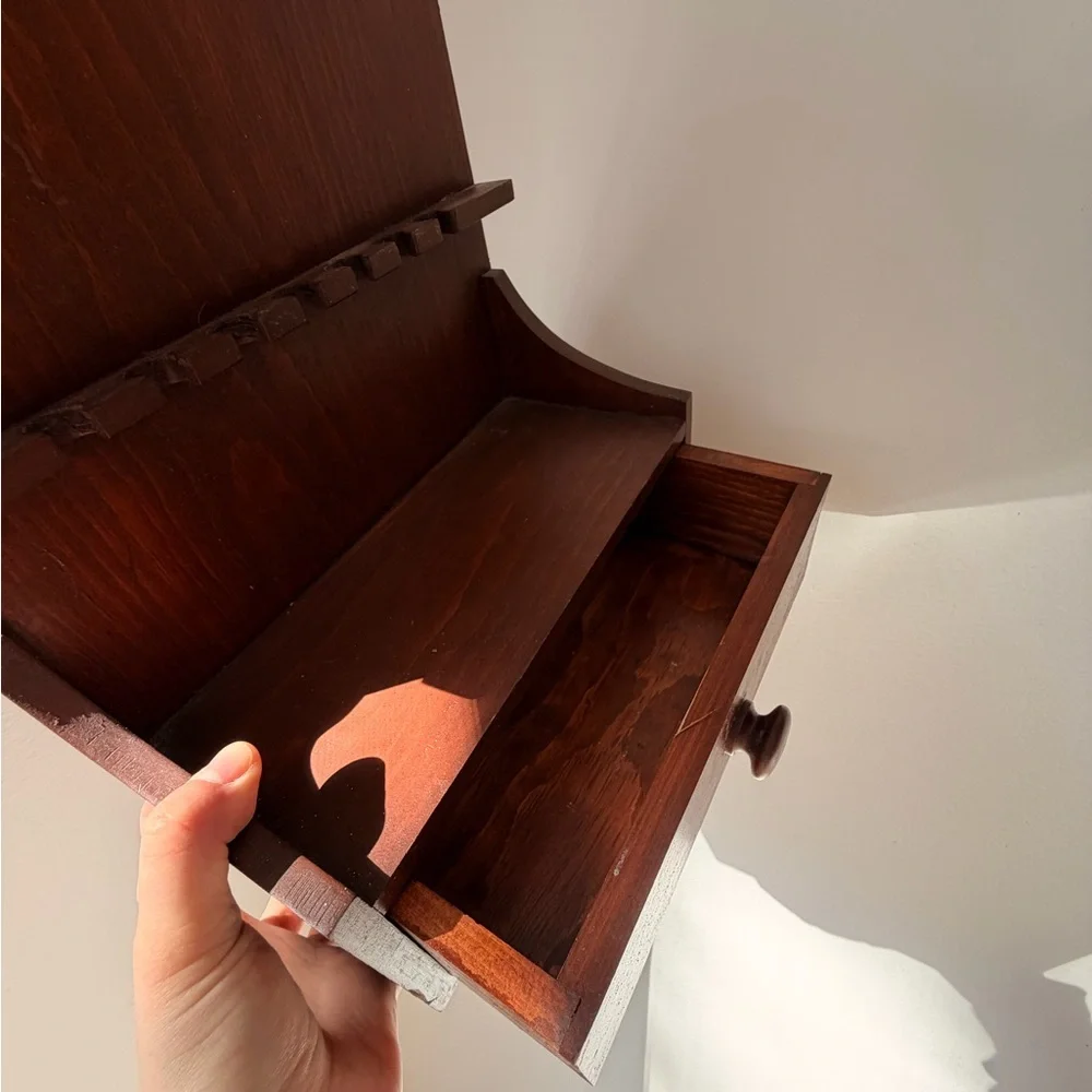 Vintage Wooden Wall Shelf with Drawer - Rich Mahogany Tone